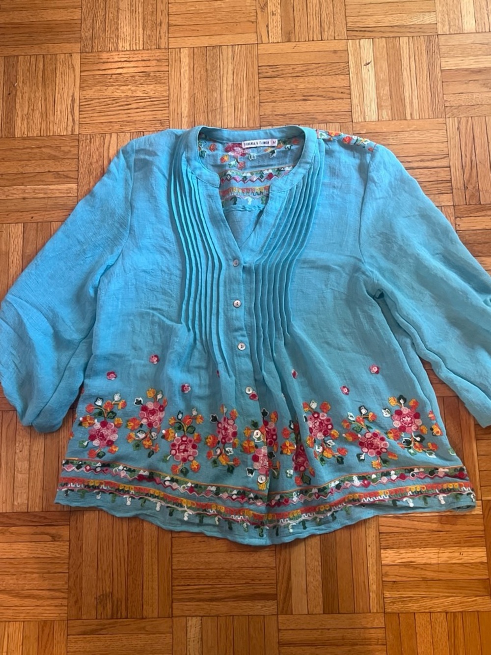 Hippie Vibes! Embroidered Turquoise Button-Front Blouse - Women's